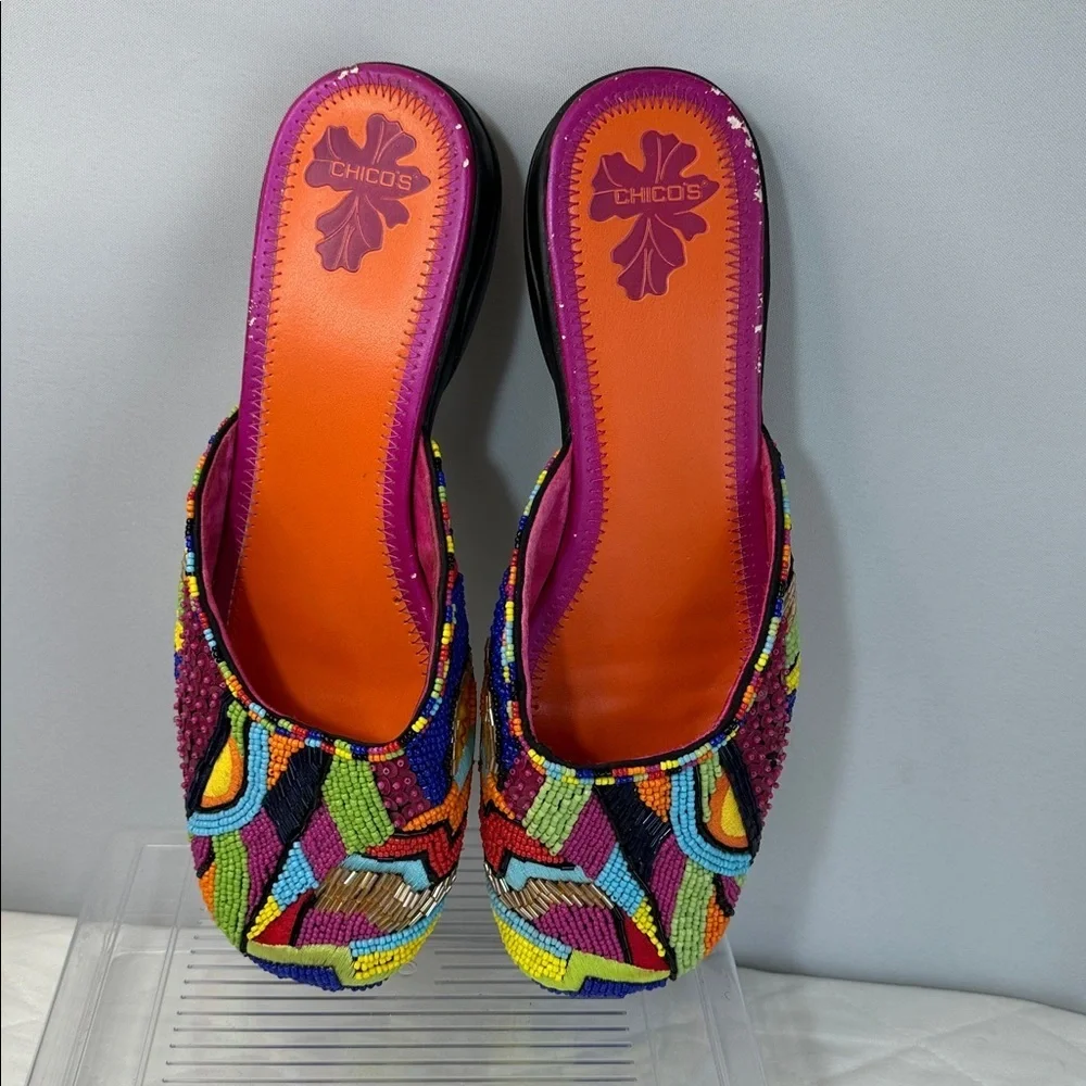 Chico's Key Largo Women Size 9 M Artsy Bold Beaded Sequins Mules Flat Slip On - Picture 2 of 5